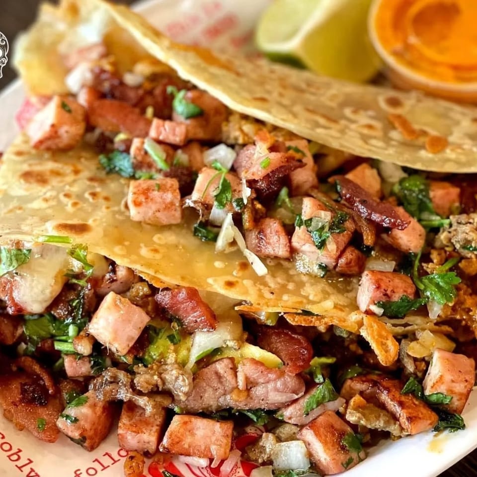 Two Taco Blvd tacos filled with diced meat, onions, and cilantro, with lime and sauce on the side.
