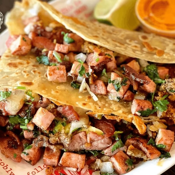 Two Taco Blvd tacos filled with diced meat, onions, and cilantro, with lime and sauce.
