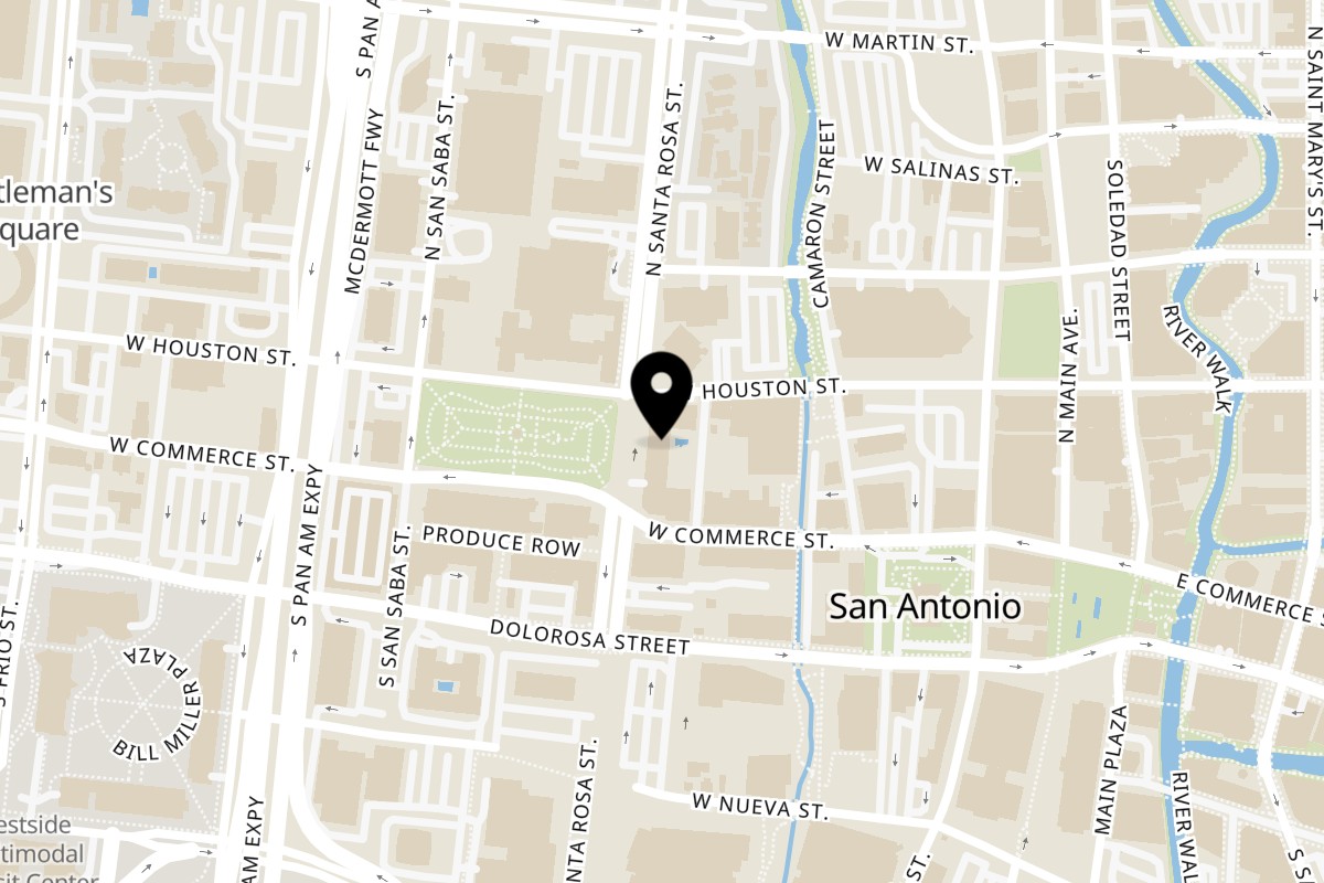 Map showing the location of Taco Blvd Downtown on 100 N Santa Rosa St in San Antonio